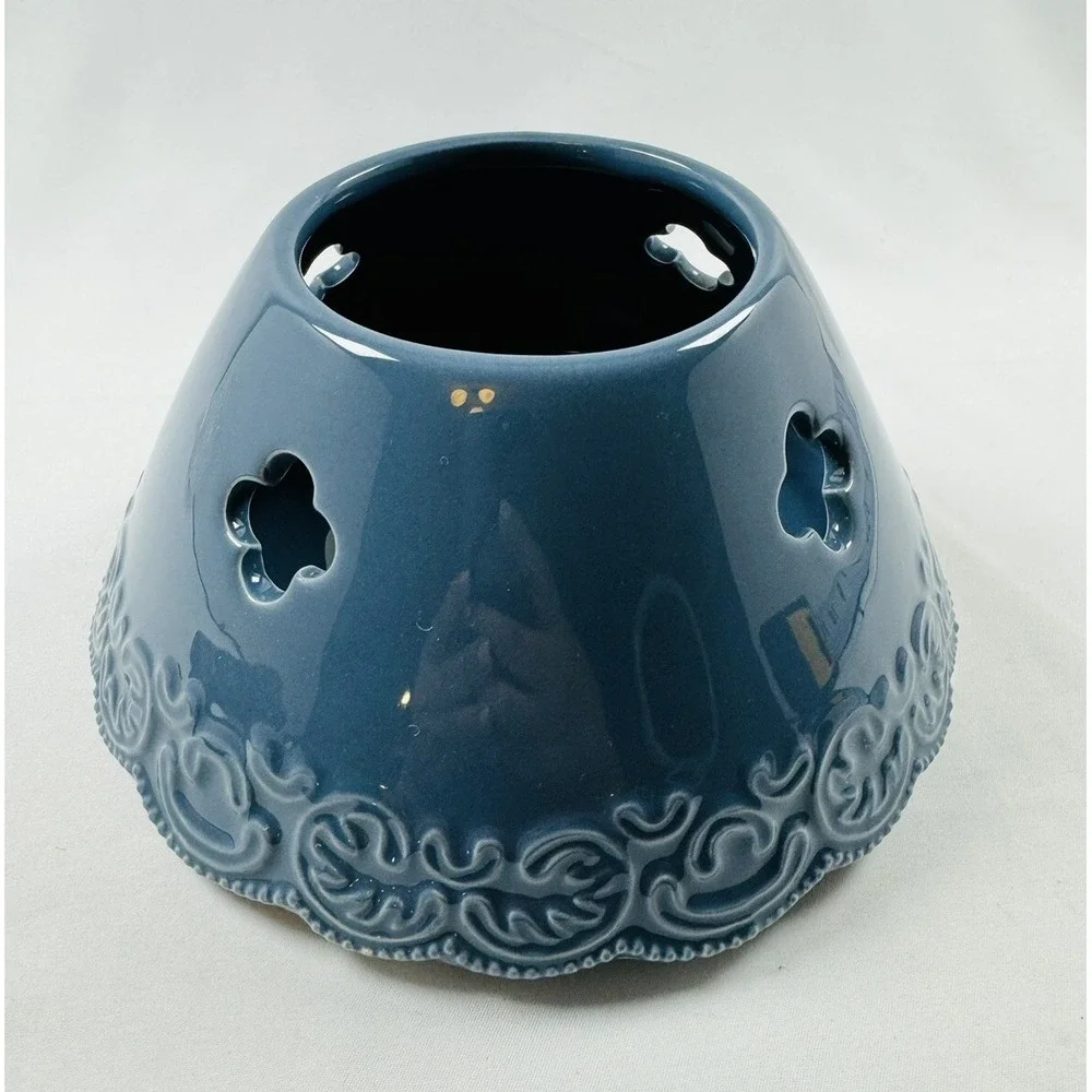 Yankee Candle Blue Ceramic Tart Warmer Lantern Style Cutout Scroll Trim